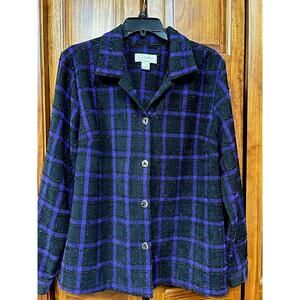 C.J. Banks size X = 14W Shimmering Black Checkered with Purple Stripes